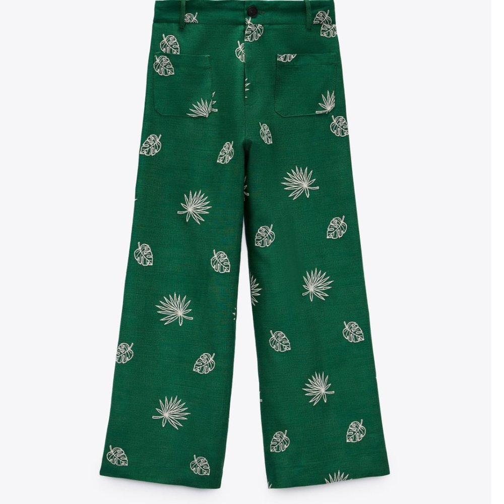 ZARA Green Khaki wide leg palm Leaf Embroidered Culottes Pants Size Large